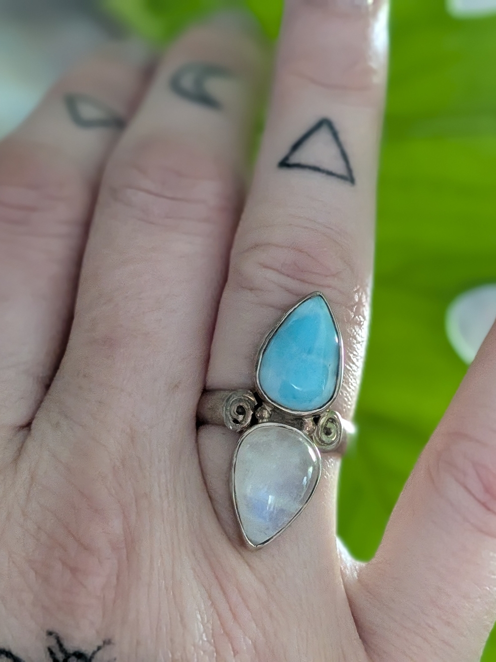 Sterling Silver Double Teardrop Larimar & Moonstone Ring